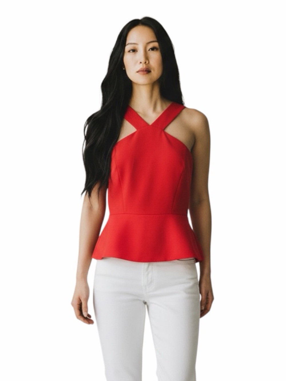 BCBGMAXAZRIA Red Halter Peplum Top M Open Back